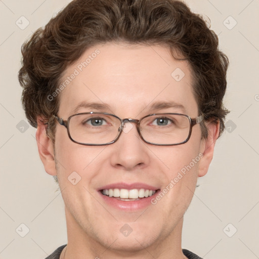 Joyful white adult male with short  brown hair and grey eyes