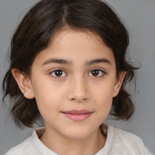 Joyful white child female with medium  brown hair and brown eyes