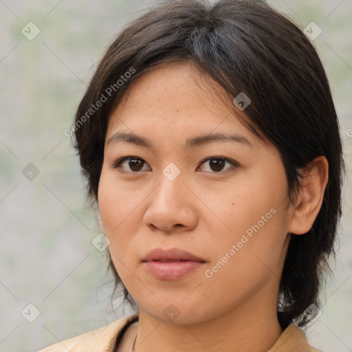 Neutral white young-adult female with medium  brown hair and brown eyes