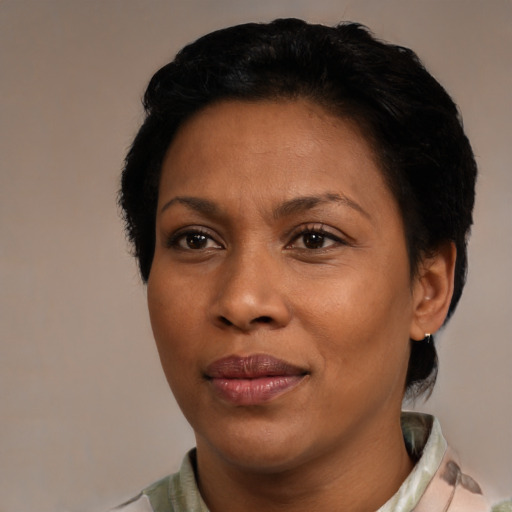 Joyful asian adult female with short  black hair and brown eyes