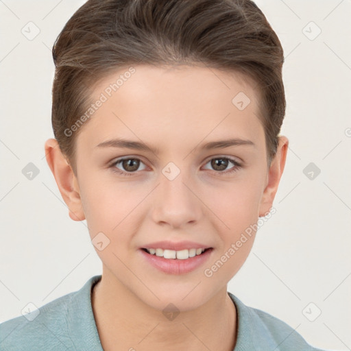 Joyful white child female with short  brown hair and brown eyes