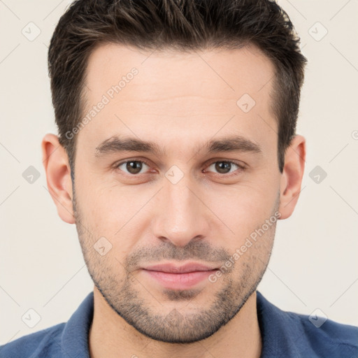 Joyful white young-adult male with short  brown hair and brown eyes