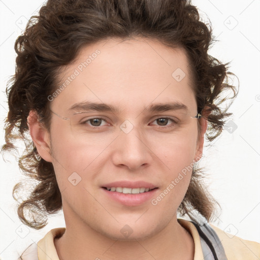 Joyful white young-adult male with medium  brown hair and brown eyes