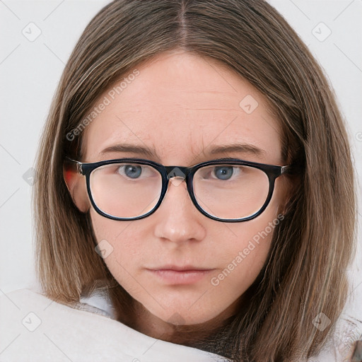 Neutral white young-adult female with long  brown hair and blue eyes