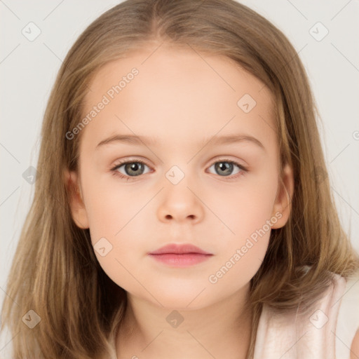 Neutral white child female with medium  brown hair and grey eyes