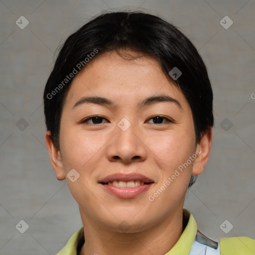 Joyful asian young-adult female with short  brown hair and brown eyes