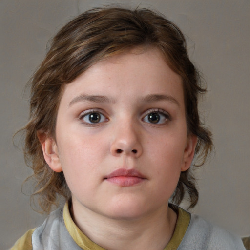 Neutral white child female with medium  brown hair and blue eyes