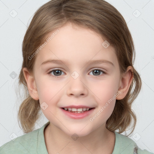 Joyful white child female with medium  brown hair and grey eyes