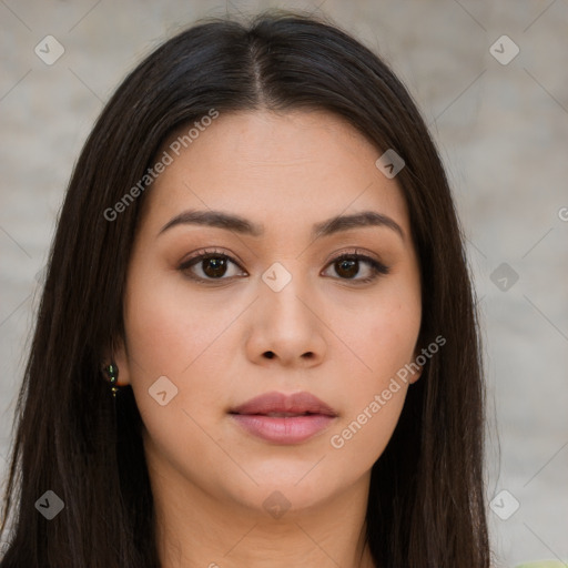 Neutral white young-adult female with long  brown hair and brown eyes