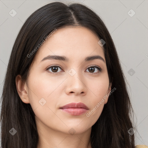 Neutral white young-adult female with long  brown hair and brown eyes