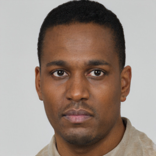Neutral black young-adult male with short  black hair and brown eyes