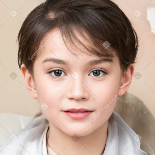 Joyful white child female with medium  brown hair and brown eyes