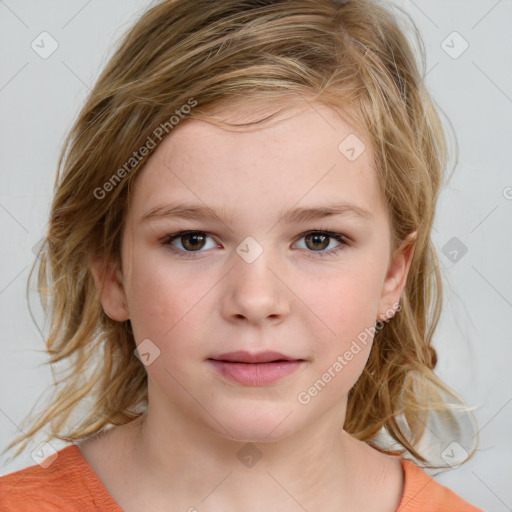 Neutral white child female with medium  brown hair and blue eyes