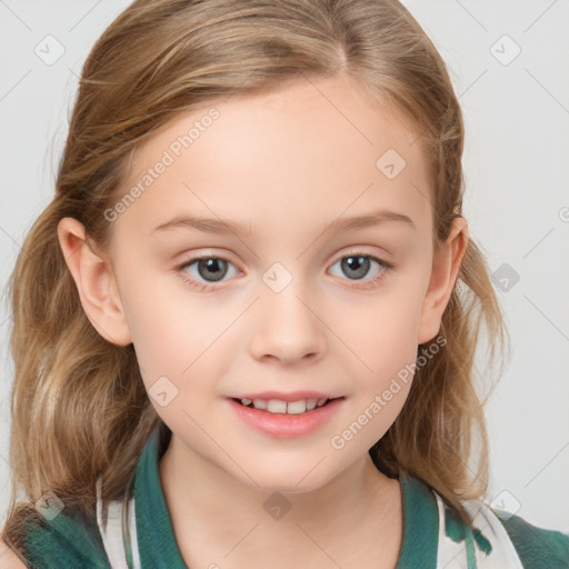 Joyful white child female with medium  brown hair and blue eyes