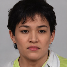 Neutral asian young-adult female with short  brown hair and brown eyes