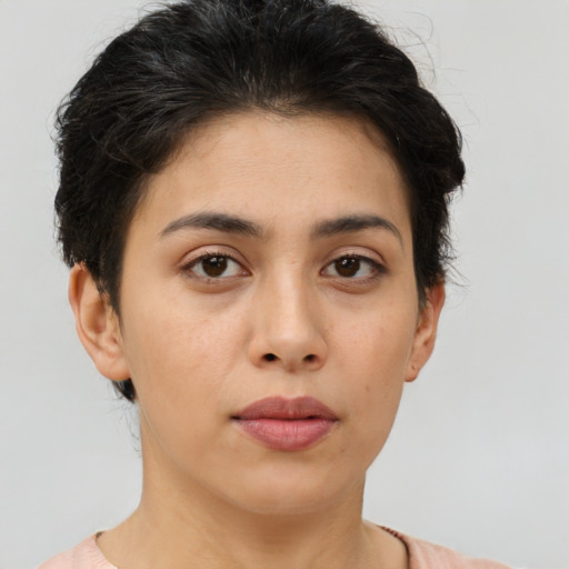 Neutral asian young-adult female with short  brown hair and brown eyes
