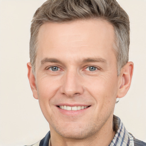 Joyful white adult male with short  brown hair and grey eyes