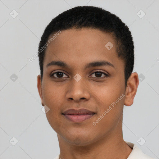 Joyful latino young-adult female with short  brown hair and brown eyes