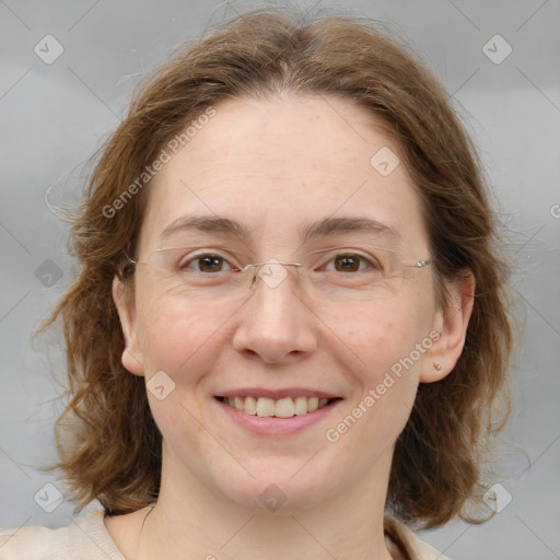 Joyful white young-adult female with medium  brown hair and green eyes