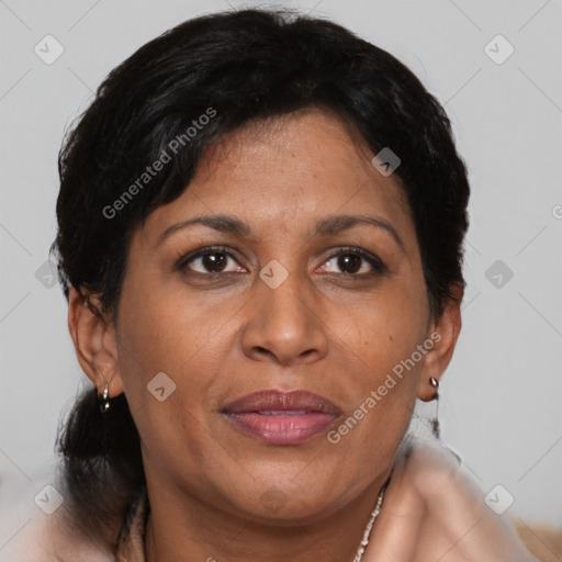 Joyful black adult female with short  brown hair and brown eyes