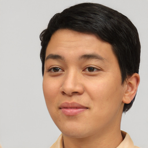 Joyful asian young-adult male with short  black hair and brown eyes