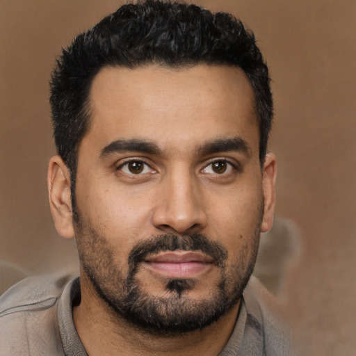 Neutral latino young-adult male with short  black hair and brown eyes