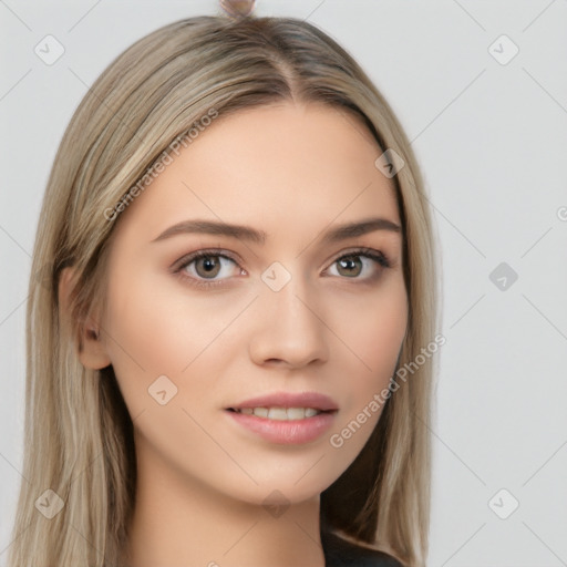 Neutral white young-adult female with long  brown hair and brown eyes