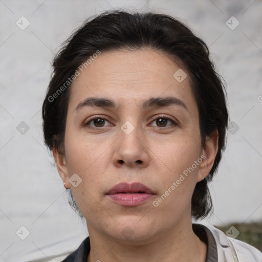 Neutral white young-adult female with medium  brown hair and brown eyes