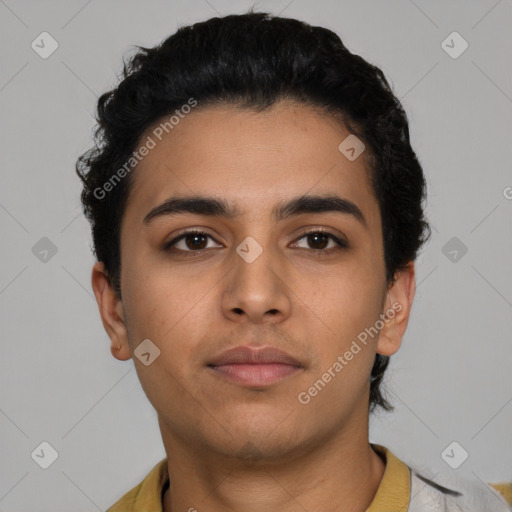 Neutral latino young-adult male with short  black hair and brown eyes