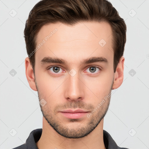 Neutral white young-adult male with short  brown hair and brown eyes