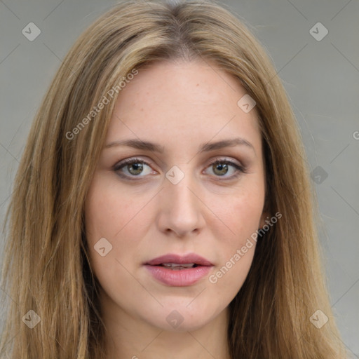 Joyful white young-adult female with long  brown hair and green eyes