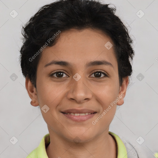 Joyful latino young-adult female with short  brown hair and brown eyes