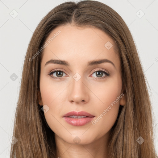 Neutral white young-adult female with long  brown hair and brown eyes