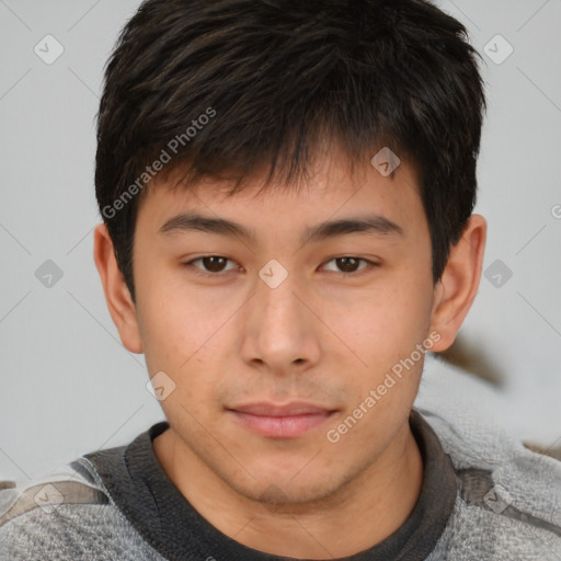 Neutral asian young-adult male with short  brown hair and brown eyes