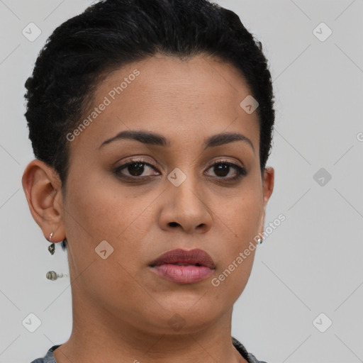 Neutral latino young-adult female with short  brown hair and brown eyes