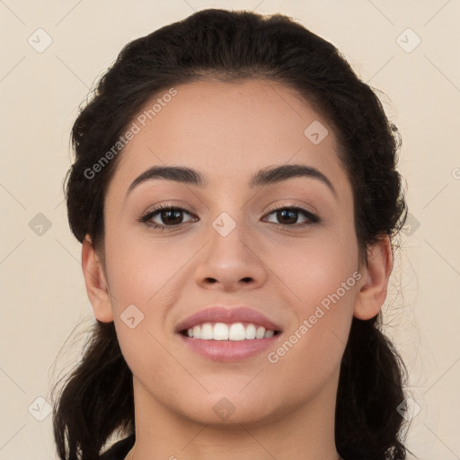 Joyful white young-adult female with long  brown hair and brown eyes