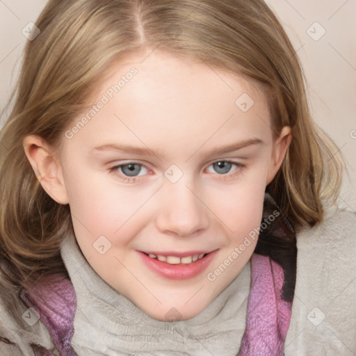 Joyful white child female with medium  brown hair and blue eyes