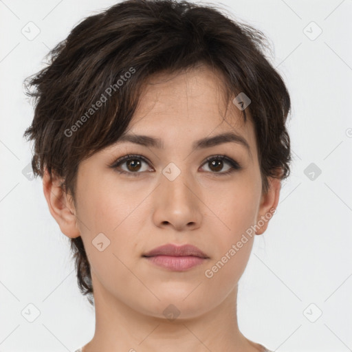 Neutral white young-adult female with short  brown hair and brown eyes