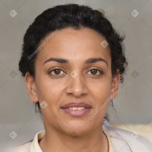 Joyful latino young-adult female with short  brown hair and brown eyes