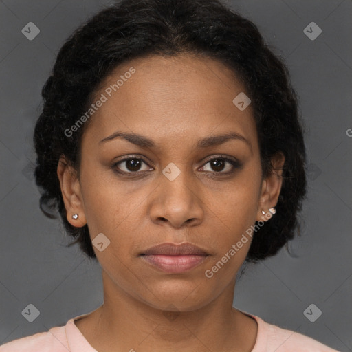 Neutral black young-adult female with short  brown hair and brown eyes