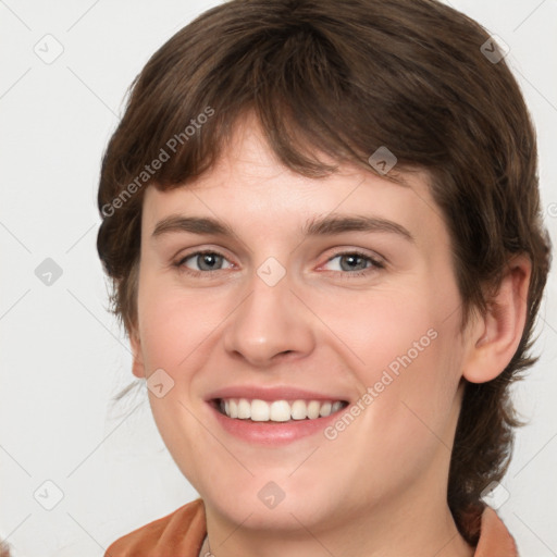 Joyful white young-adult female with medium  brown hair and green eyes