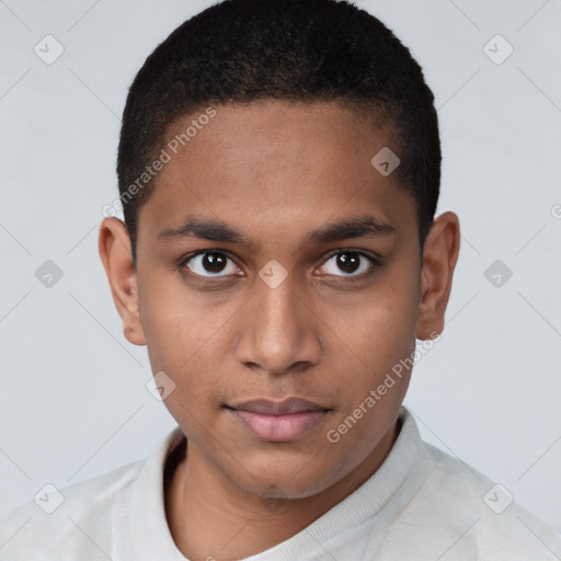 Neutral latino young-adult male with short  brown hair and brown eyes