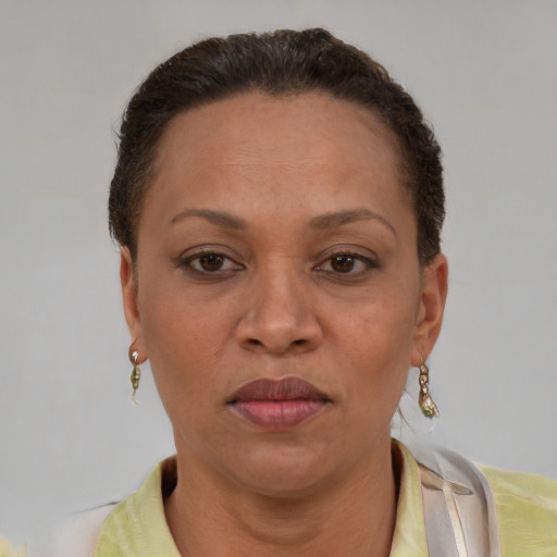 Joyful black adult female with short  brown hair and brown eyes