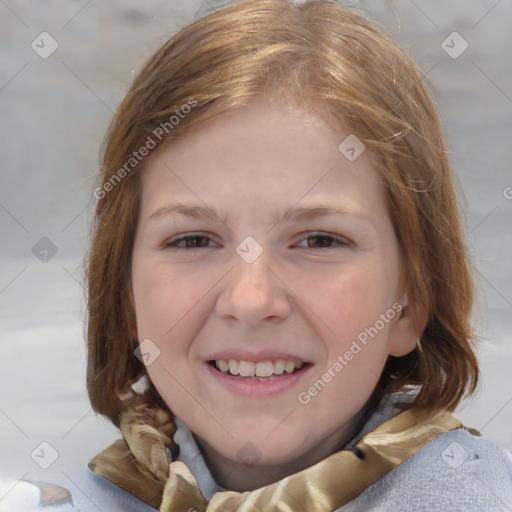 Joyful white child female with medium  brown hair and brown eyes