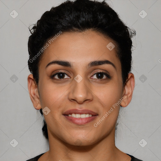 Joyful latino young-adult female with short  brown hair and brown eyes