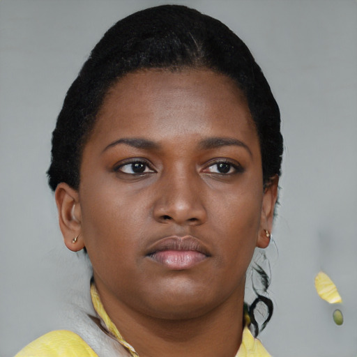 Neutral black young-adult female with short  brown hair and brown eyes