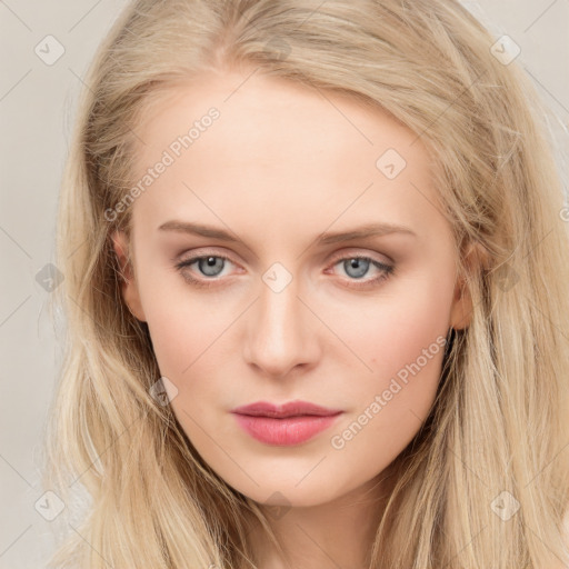 Neutral white young-adult female with long  brown hair and blue eyes