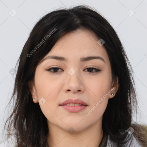 Joyful asian young-adult female with long  brown hair and brown eyes