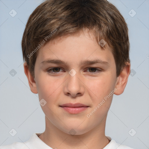 Joyful white child male with short  brown hair and brown eyes