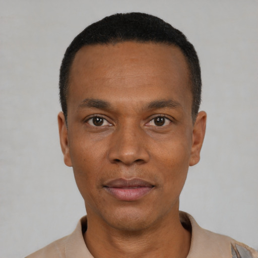 Neutral black young-adult male with short  black hair and brown eyes